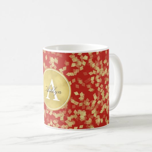 Mug Monogramme Abstrait Glitzy Rouge Or (Devant droit)
