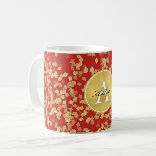 Mug Monogramme Abstrait Glitzy Rouge Or (Devant gauche)