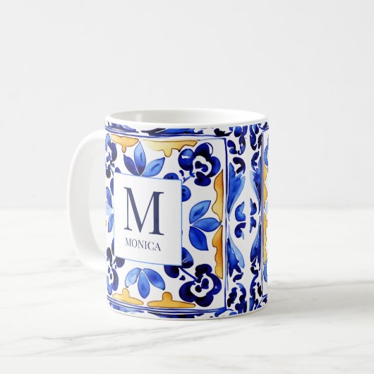 Mug Monogramme Amalfi Vietri Italien carreaux bleus ca (Devant gauche)