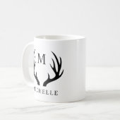 Mug Monogramme Antler Cerf Blanc Et Noir Personnalisab (Devant gauche)