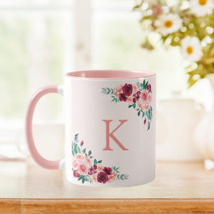 Mug Monogramme Aquarelle Boho rose Bourgogne Rose Fleu