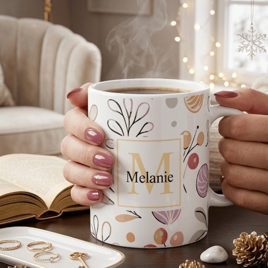 Mug monogramme aquarelle botanique moderne pour les fê