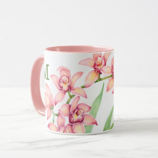 Mug Monogramme | Aquarelle Fleurs roses (Devant gauche)