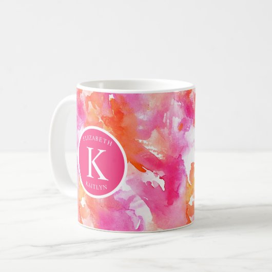 Mug Monogramme Aquarelle rose orange Abstrait (Devant gauche)