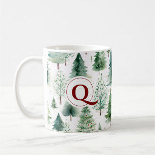Mug Monogramme Arbre de Noël Aquarelle Verdure