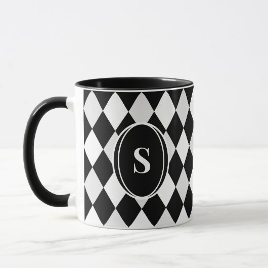Mug Monogramme Arlequin noir et blanc Motif diamant (Gauche)