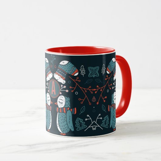 Mug Monogramme Art folklorique Noël Chouettes bleues A (Devant droit)