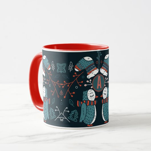 Mug Monogramme Art folklorique Noël Chouettes bleues A (Devant gauche)