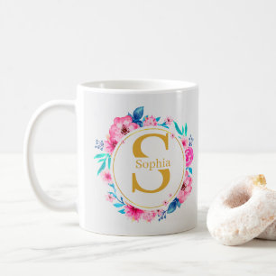 Mug Monogramme Art I Initiale dorée et rose en aquarel
