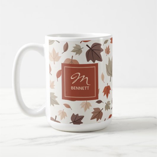 Mug Monogramme beige de feuillage d'automne Merci (Gauche)