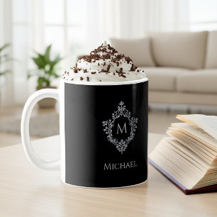 Mug Monogramme Black Elegant Vintage Crest Nom initial