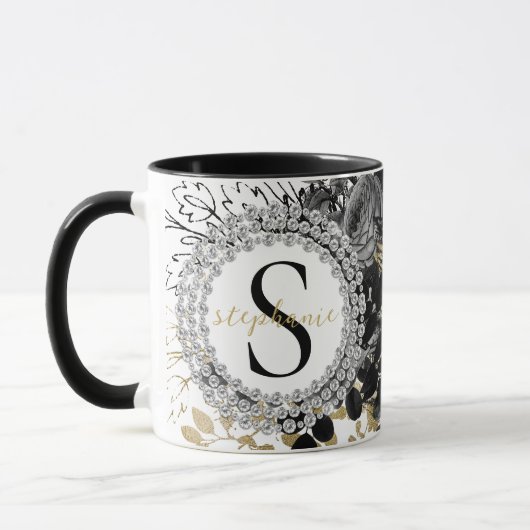Mug Monogramme Black Gold Roses Diamants Luxe Design (Gauche)