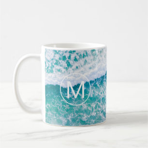 Mug Monogramme blanc en cercle DIY, vagues de plage