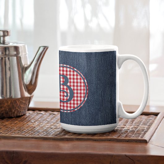 Mug Monogramme, bleu Denim rouge blanc chèque 15oz