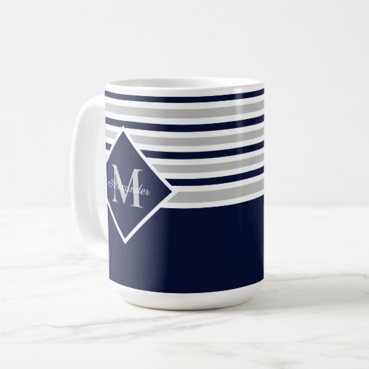 Mug Monogramme bleu gris marine moderne (Devant gauche)