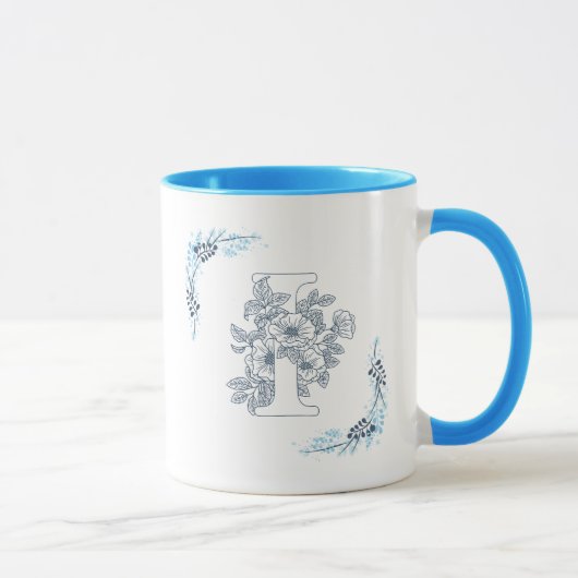 Mug Monogramme bleu "I" initial floral calme Café (Droite)