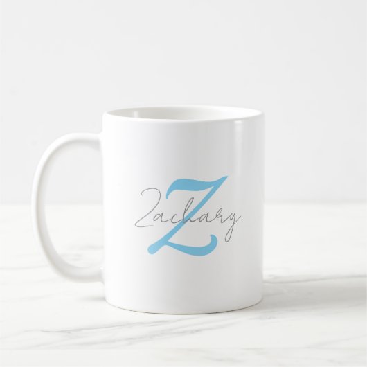 Mug Monogramme Bleu Moderne & Nom en Écriture Personna (Gauche)