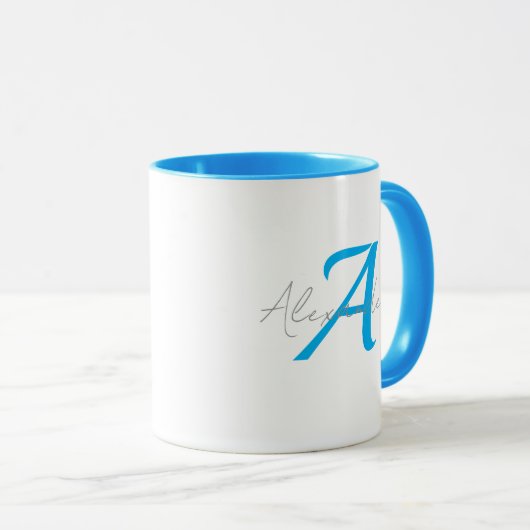 Mug Monogramme Bleu Moderne & Nom Personnalisé en Écri (Devant droit)