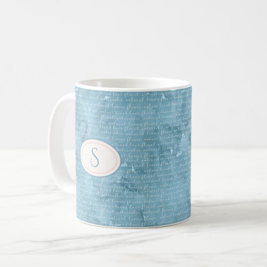 Mug Monogramme bleu rustique Typographie florale (Devant gauche)