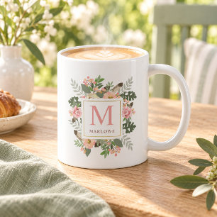 Mug Monogramme Bohème Floral Rose Doré Rustique