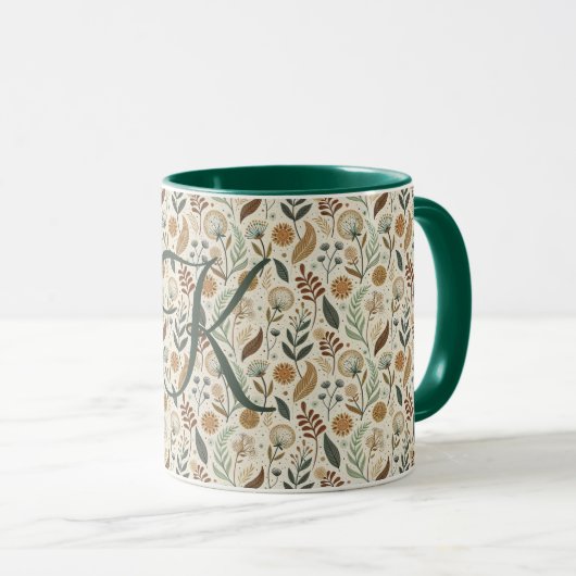 Mug Monogramme Boho Feuilles Botanique Marron Vert Bei (Devant droit)