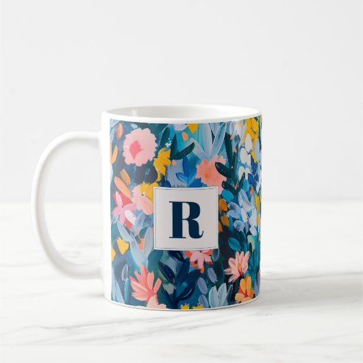 Mug Monogramme botanique Abstrait bleu et rose tendanc (Gauche)
