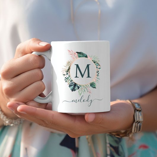 Mug Monogramme Botanique Boho - Vert - Blanc