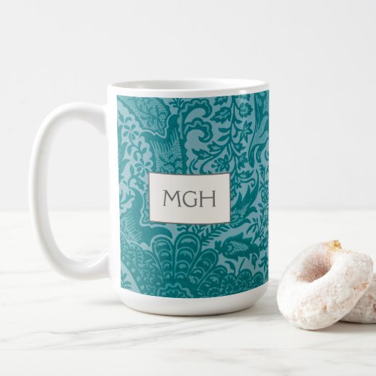 Mug Monogramme botanique sarcelle vintage William Morr (Avec donut)
