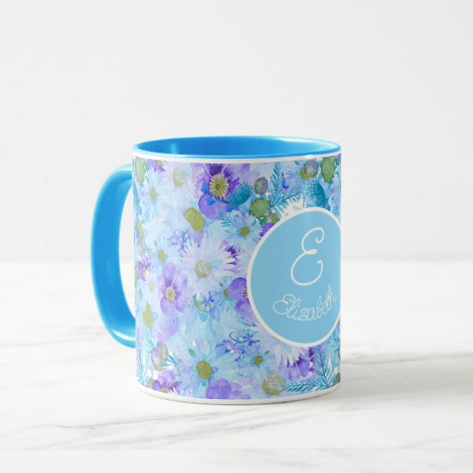 Mug Monogramme Bush Fleur sauvage Romantique bleu (Devant gauche)