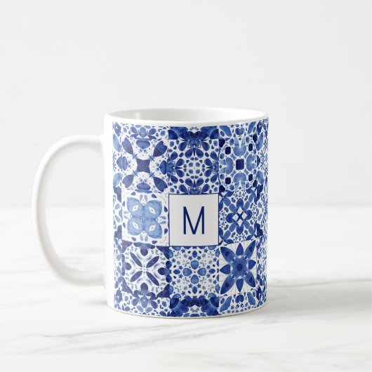 Mug Monogramme Carreaux Bleus Bleu Méditerranéen Aquar (Gauche)