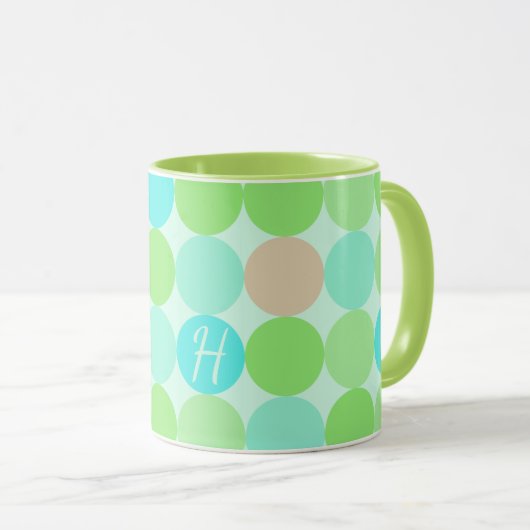 Mug Monogramme Cercles Turquoise Bleu Vert & Orange (Devant droit)