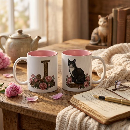 Mug Monogramme Chat Smoking Floral Vintage