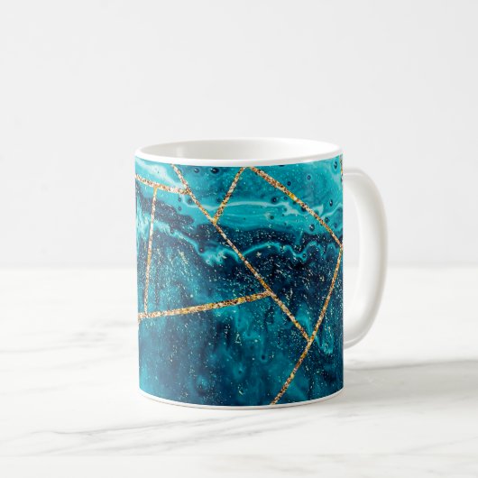 Mug Monogramme Chic Géode d'Agate Bleu Nuit Or Élégant (Devant droit)