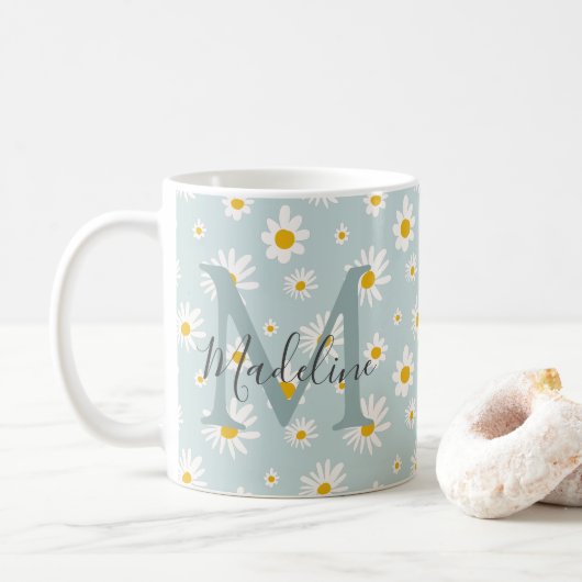 Mug Monogramme Chic Minimal Daisy Écriture Sarcelle (Avec donut)