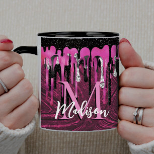 Mug Monogramme chic pailleté rose noir qui coule