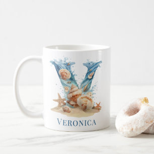 Mug Monogramme côtier personnalisé V Initial Beach