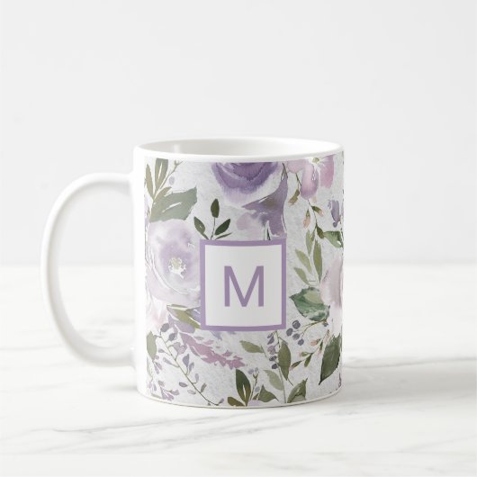 Mug Monogramme d'aquarelle des Roses floraux pourpres  (Gauche)