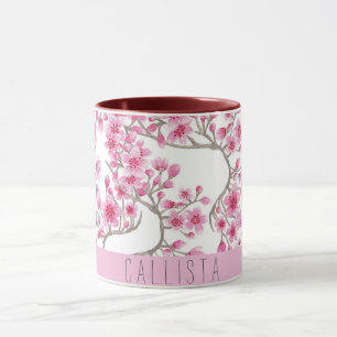Mug Monogramme d'aquarelle florale de fleurs de cerisi