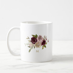 Mug Monogramme d'aquarelle florale rose-bourgogne mode