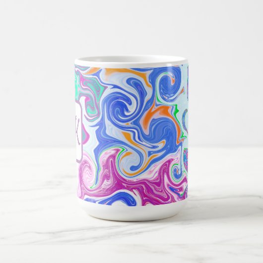Mug Monogramme d'art fluvial bleu, orange, violet et T (Centre)