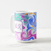 Mug Monogramme d'art fluvial bleu, orange, violet et T (Devant gauche)