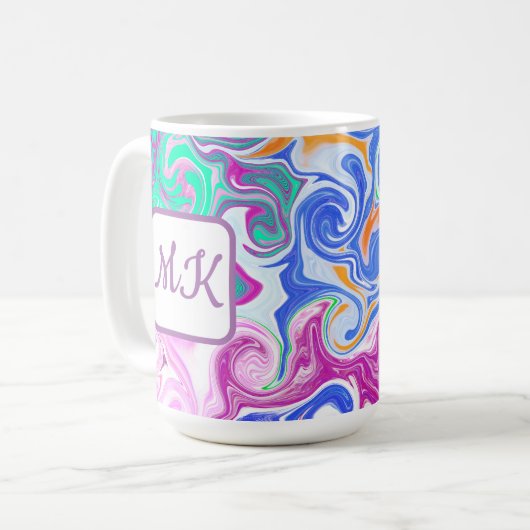 Mug Monogramme d'art fluvial bleu, orange, violet et T (Devant gauche)