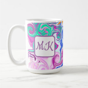 Mug Monogramme d'art fluvial bleu, orange, violet et T