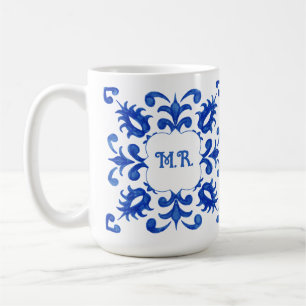 Mug Monogramme de carreau bleu portugais