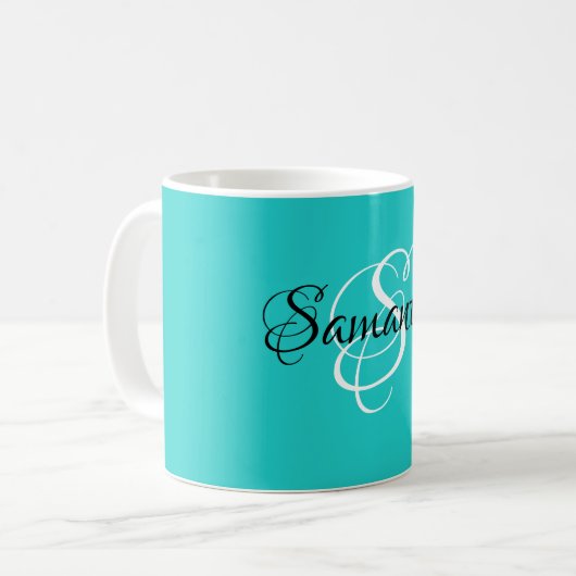 Mug Monogramme de couleur d'oeuf de Robin à script fan (Devant gauche)