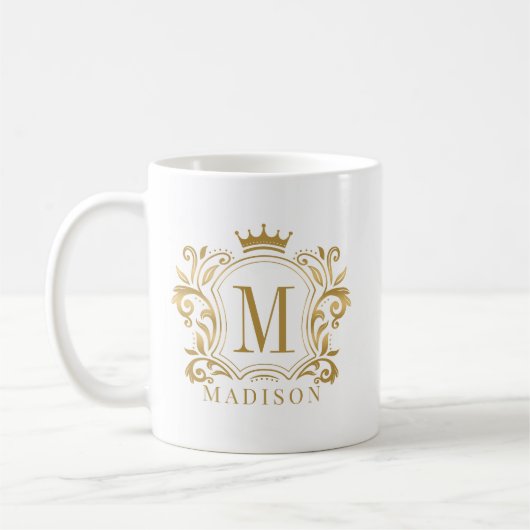 Mug Monogramme de couronne de crête royale d'or (Gauche)