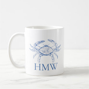 Mug Monogramme de crabe bleu et blanc côtier