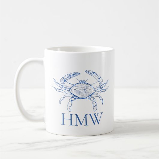 Mug Monogramme de crabe bleu et blanc côtier (Gauche)