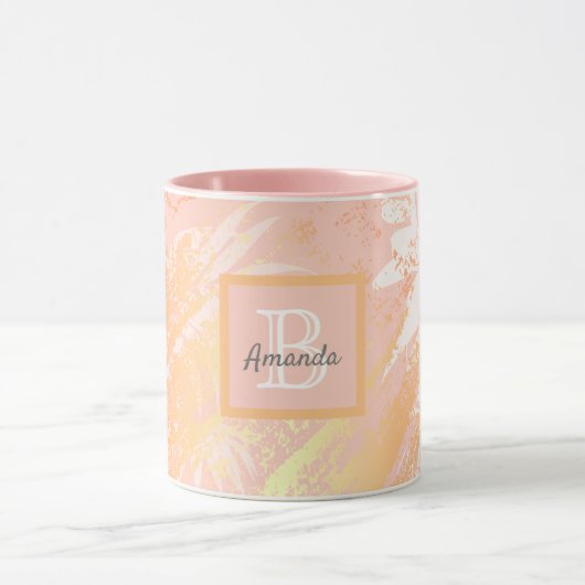 Mug monogramme de feuillage de palmier rose or rose (Centre)