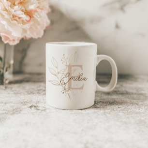 Mug Monogramme de feuille florale en or rose élégant
